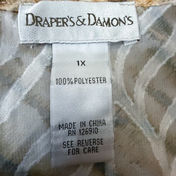 Draper’s & Damon’s 1X Sheer Button Blouse Brown Beige Abstract Tiger Stripe Top - Picture 3 of 5